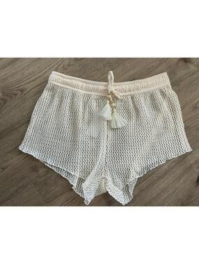 Venus Drawstring Crochet Bikini Cover Up Short Tie Front Ivory Stretch Small NWT